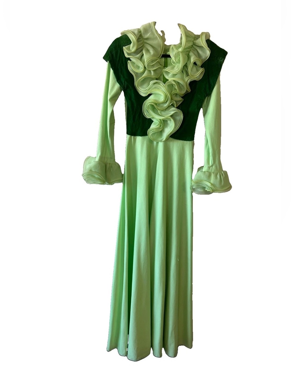 Vintage 70s Green Velvet Ruffle Maxi Dress XS Victorian Renaissance Union Made